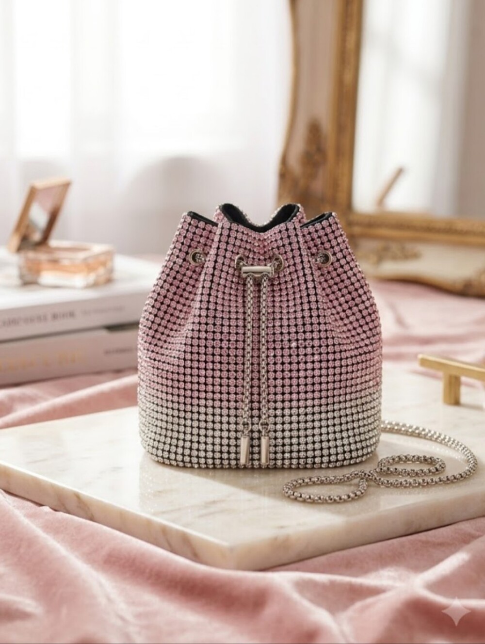 Pink Ombre Crystal Drawstring Bucket Bag